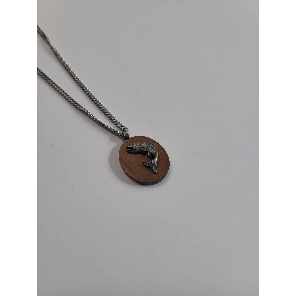 Wooden Tone Silver Tone Fish Pendant Necklace Trout Fishing Outdoors Sportsman